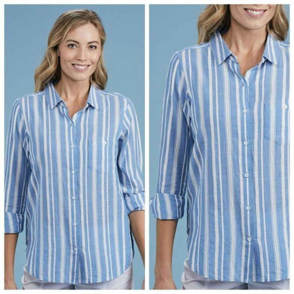 New Fresh Produce S M Arwen Blue Striped Boho Cotton Button Up Top Blouse Shirt